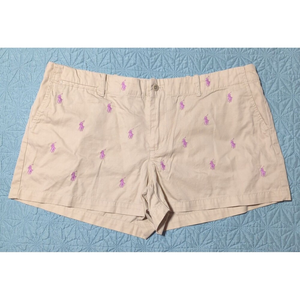Ralph Lauren Sport Women's Chino All Over Embroidered Pony Khaki Shorts Sz 14